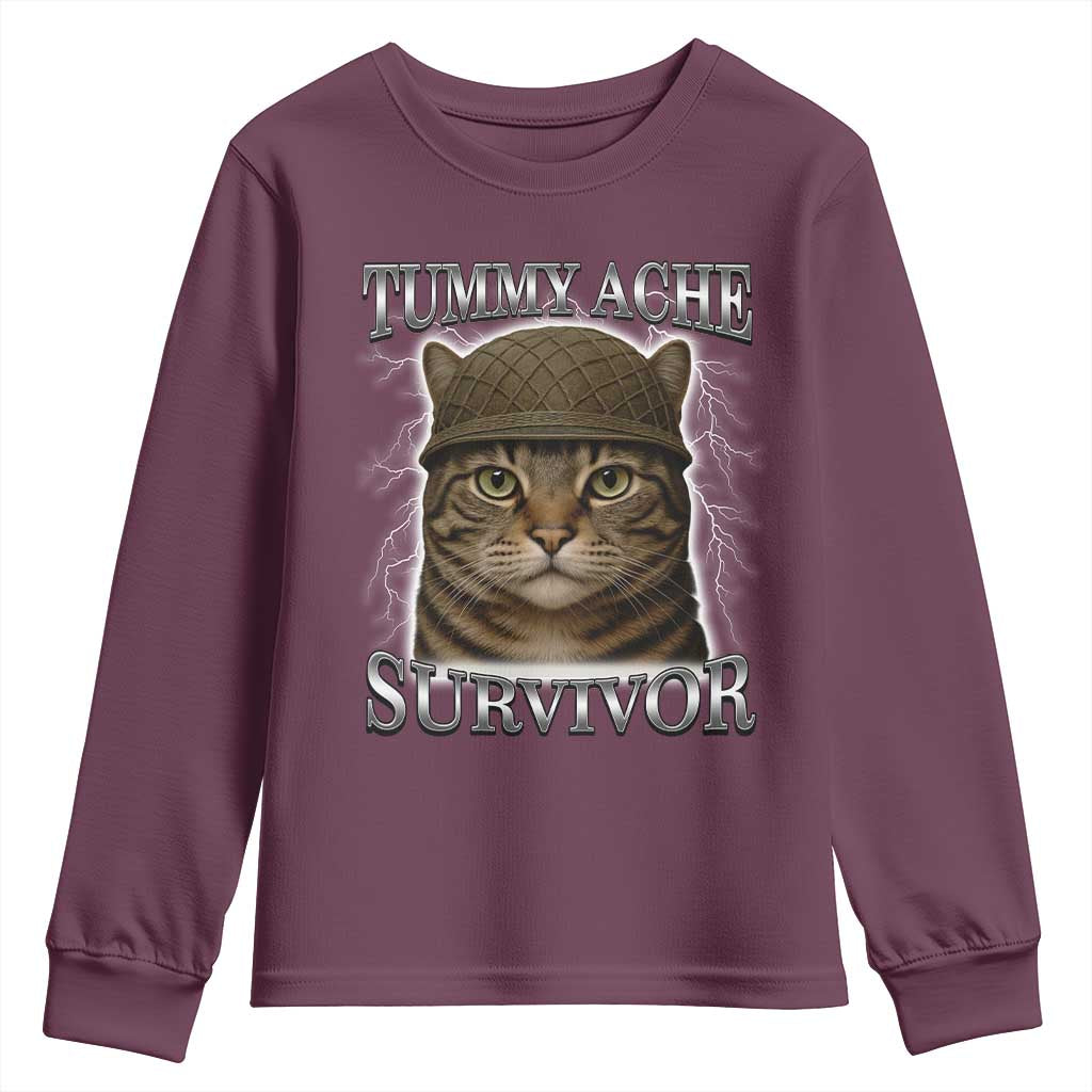 Funny Cat Meme Humor Youth Sweatshirt Tummy Ache Survivor Lightning Cats Parody TS02 Maroon Print Your Wear