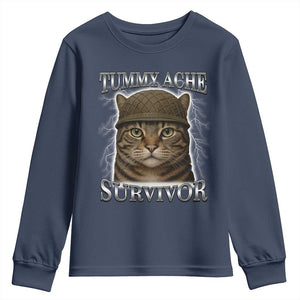 Funny Cat Meme Humor Youth Sweatshirt Tummy Ache Survivor Lightning Cats Parody TS02 Navy Print Your Wear