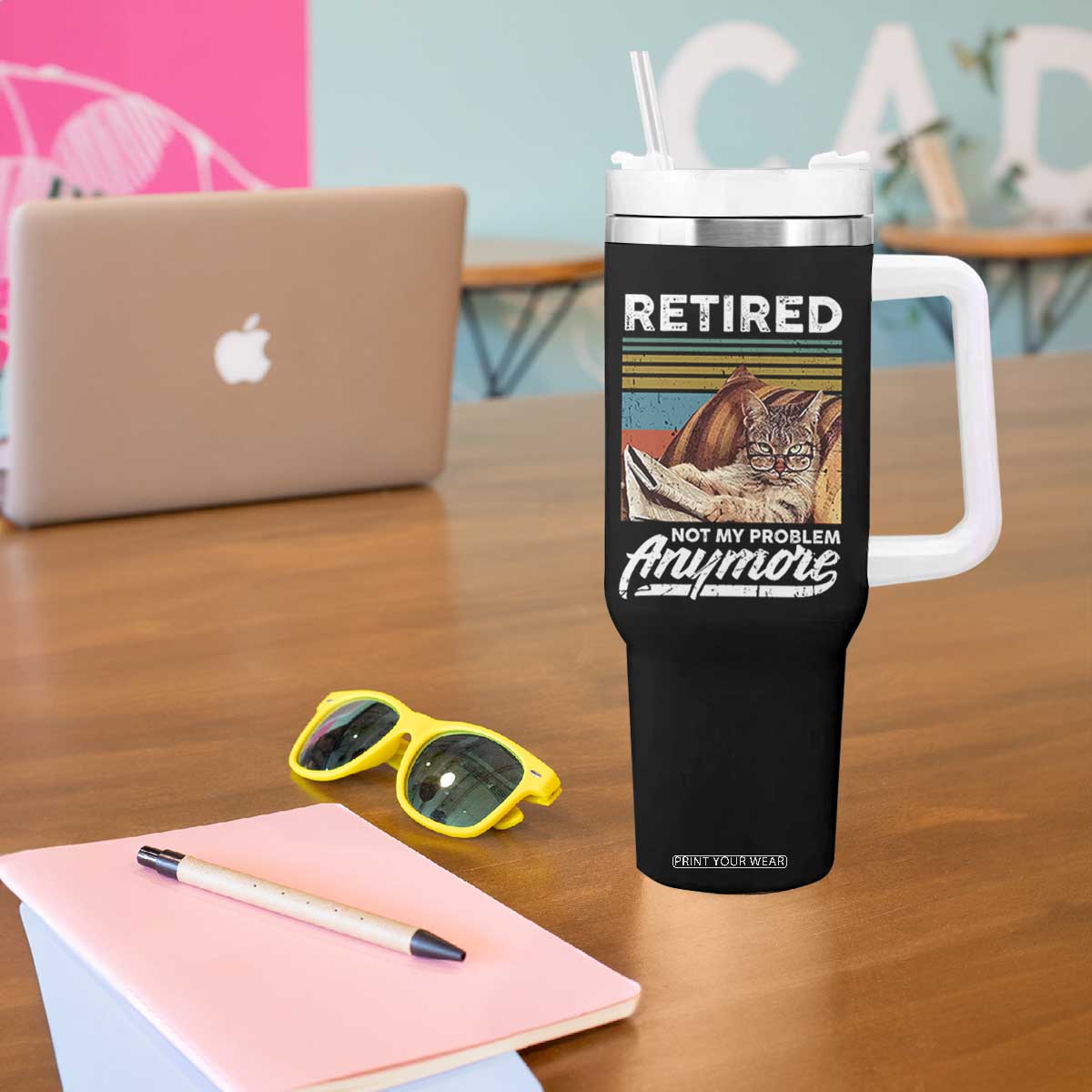 Funny Cat Retired Tumbler With Handle Not My Problem Anymore 90s Vintage Style TS10 Print Your Wear