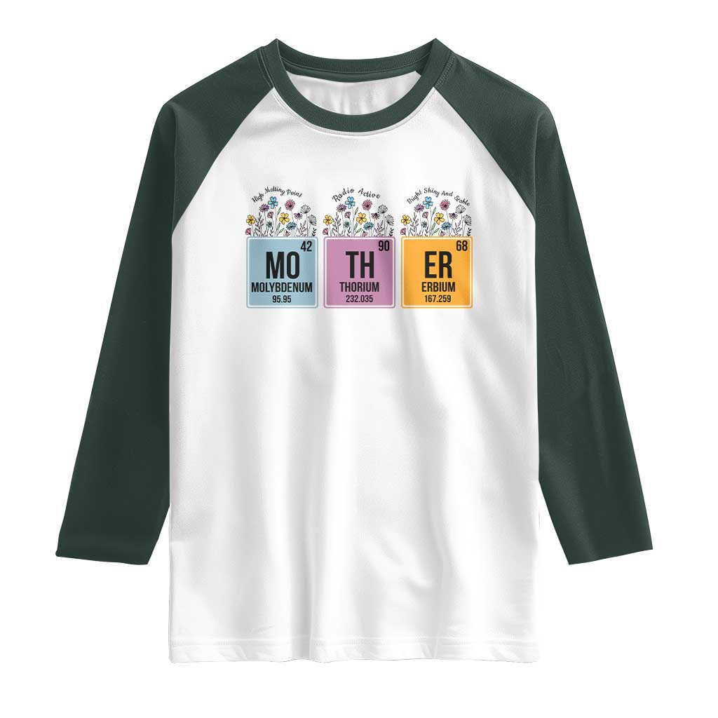 Funny Chemist Mom Raglan Shirt Mother Flowers Periodic Table TS11 White Dark Forest Green Print Your Wear