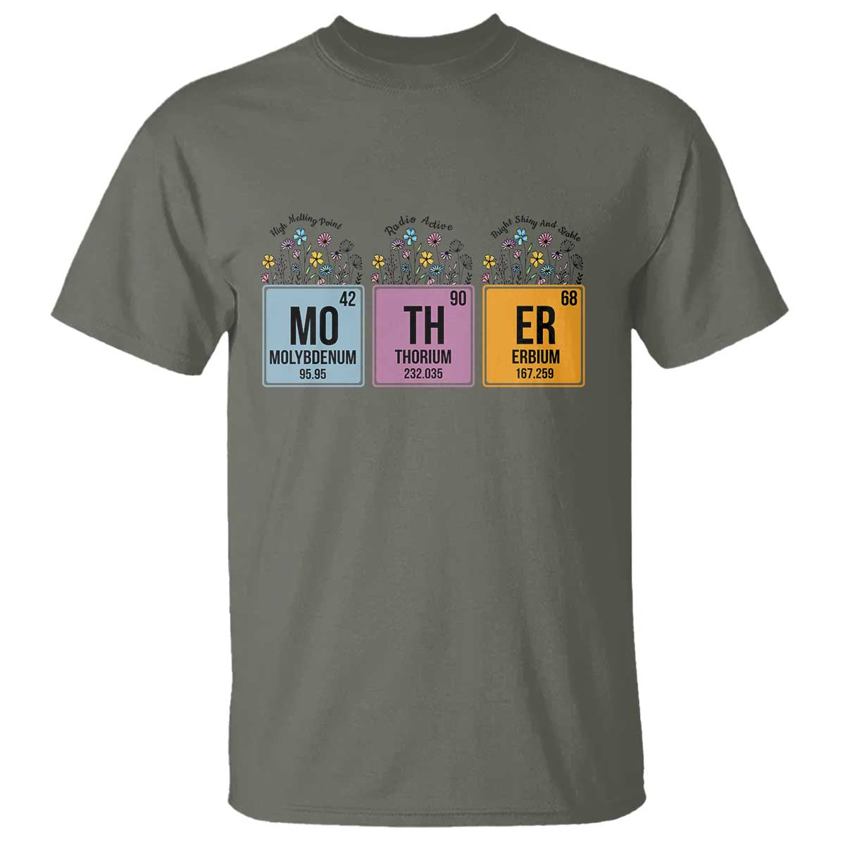 Funny Chemist Mom T Shirt Mother Flowers Periodic Table TS11 Military Green Print Your Wear