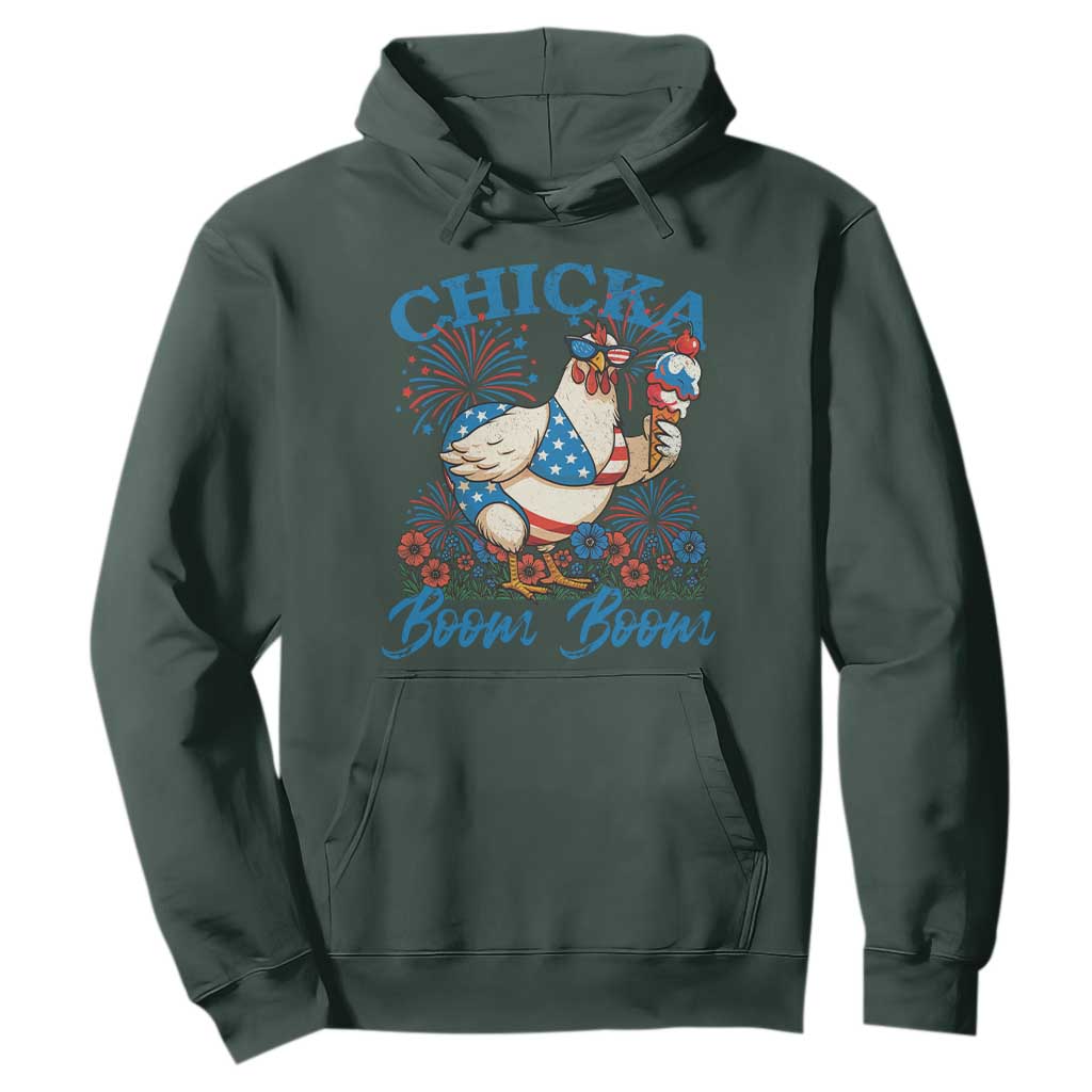 Funny Chicka Boom Boom 4th Of July Hoodie Patriotic Farmers Chicken Lover TS11 Dark Forest Green Print Your Wear