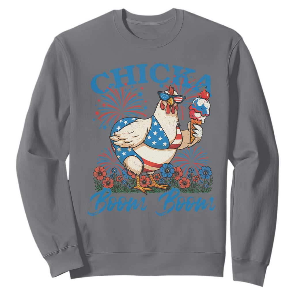 Funny Chicka Boom Boom 4th Of July Sweatshirt Patriotic Farmers Chicken Lover TS11 Charcoal Print Your Wear