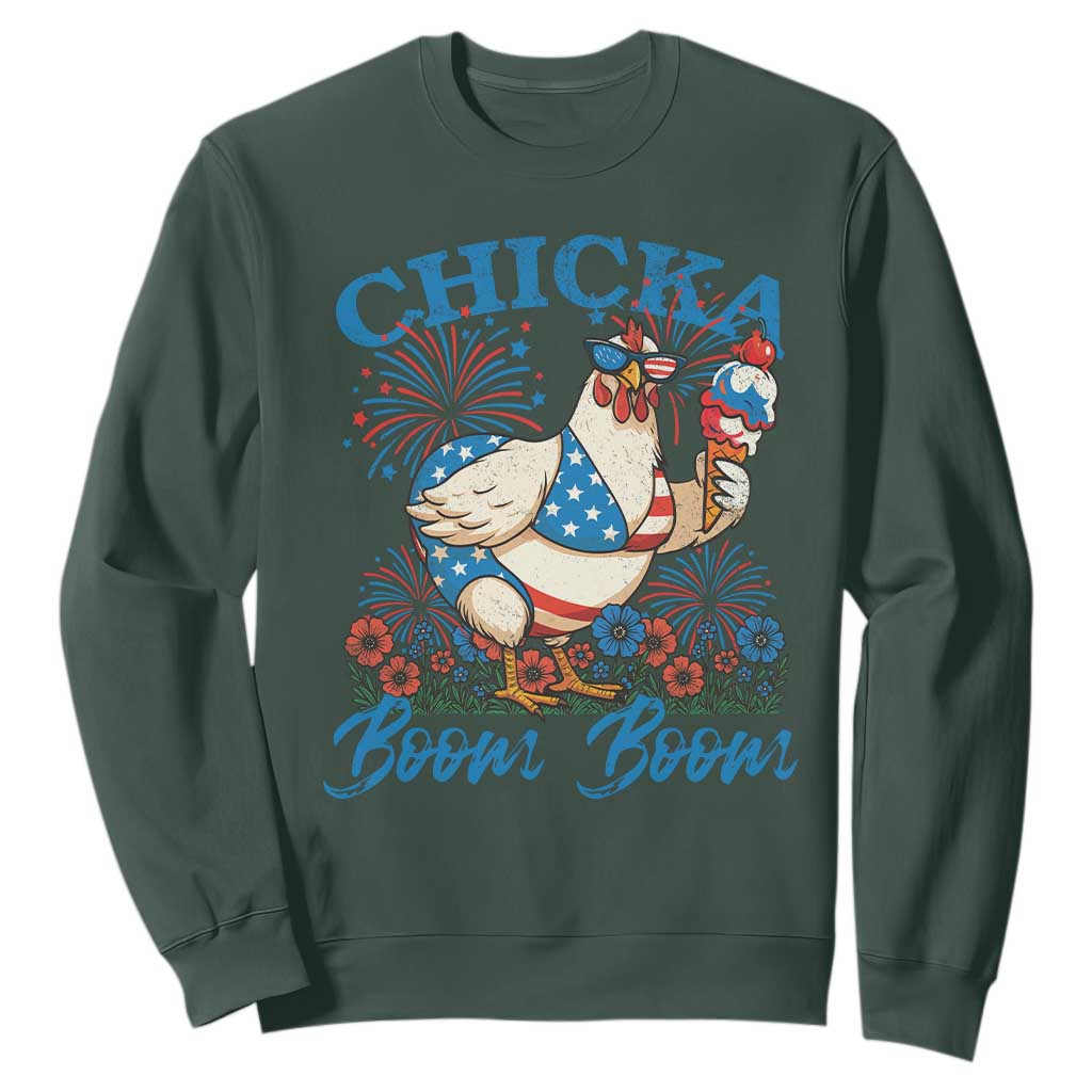 Funny Chicka Boom Boom 4th Of July Sweatshirt Patriotic Farmers Chicken Lover TS11 Dark Forest Green Print Your Wear
