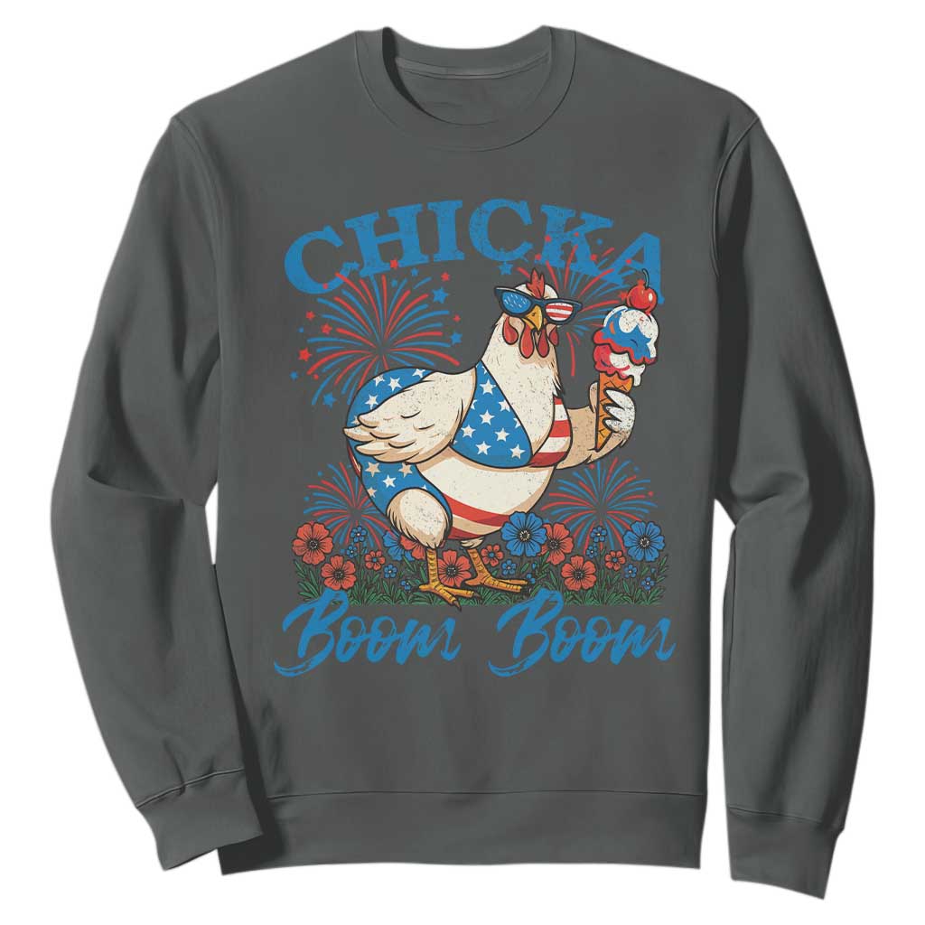 Funny Chicka Boom Boom 4th Of July Sweatshirt Patriotic Farmers Chicken Lover TS11 Dark Heather Print Your Wear