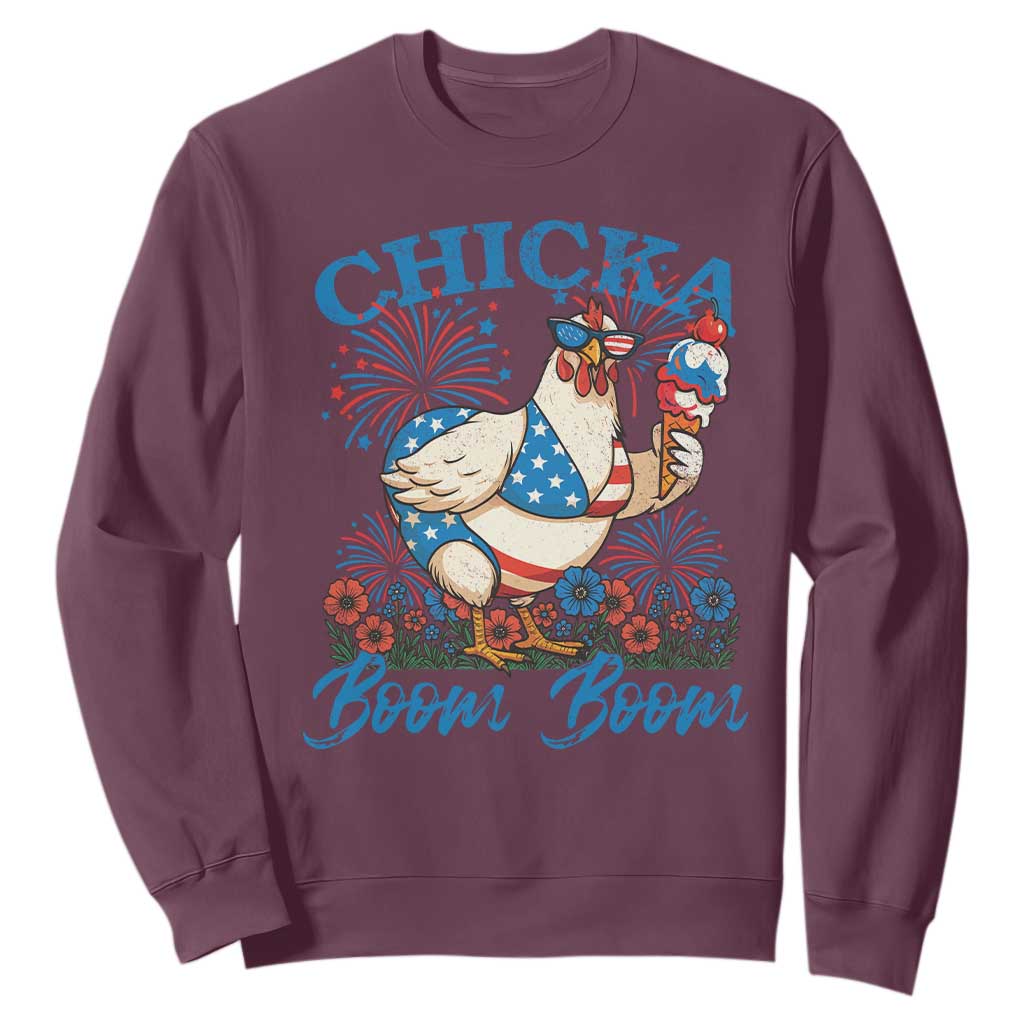 Funny Chicka Boom Boom 4th Of July Sweatshirt Patriotic Farmers Chicken Lover TS11 Maroon Print Your Wear