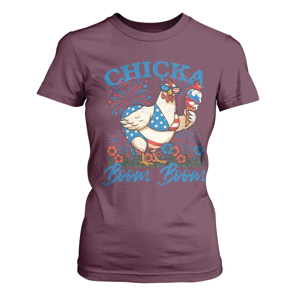 Funny Chicka Boom Boom 4th Of July T Shirt For Women Patriotic Farmers Chicken Lover TS11 Maroon Print Your Wear