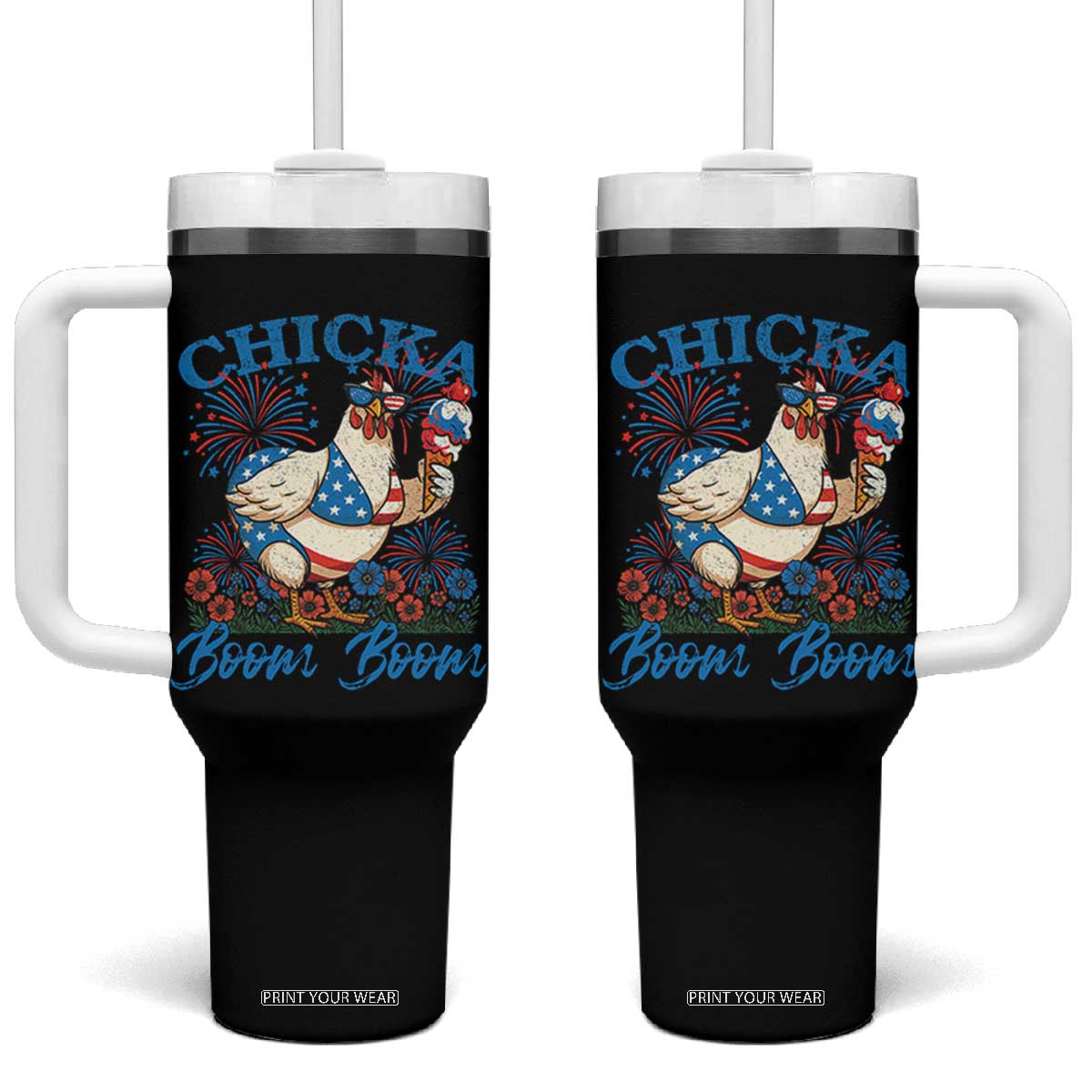 Funny Chicka Boom Boom 4th Of July Tumbler With Handle Patriotic Farmers Chicken Lover TS11 One Size: 40 oz Black Print Your Wear