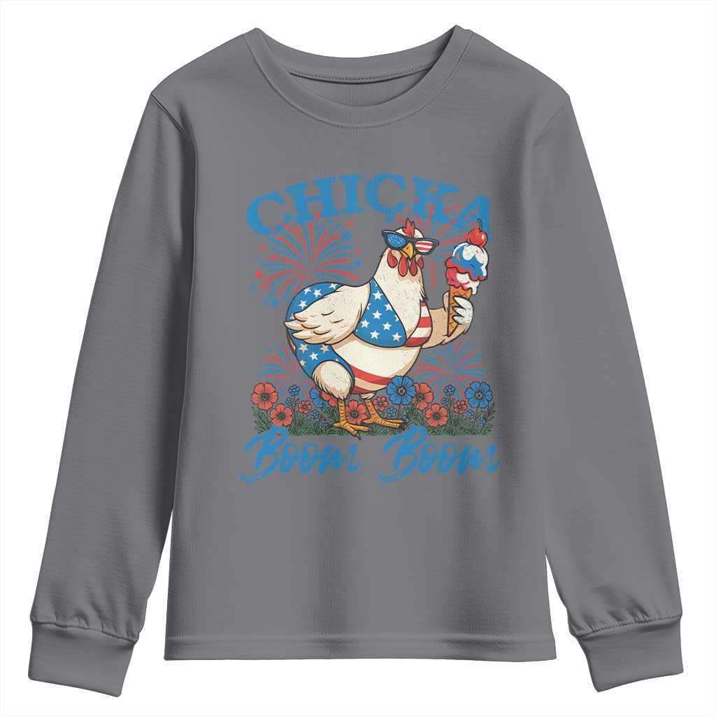 Funny Chicka Boom Boom 4th Of July Youth Sweatshirt Patriotic Farmers Chicken Lover TS11 Charcoal Print Your Wear