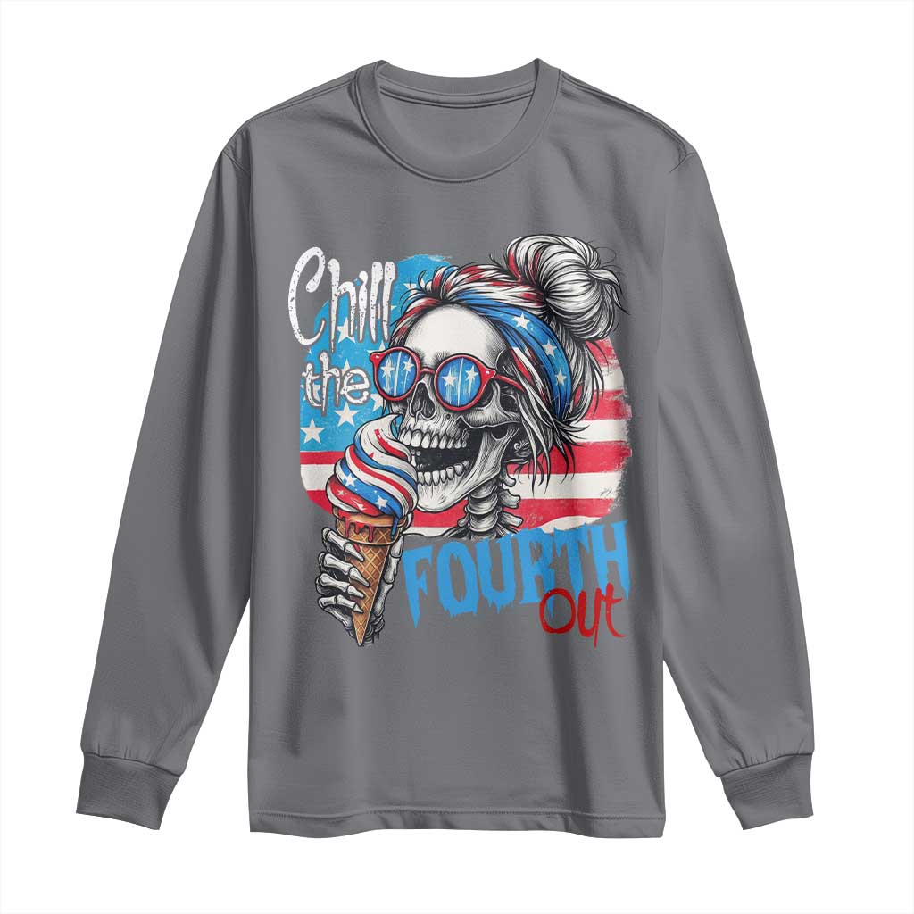 Funny Chill The Fourth Out 4th Of July Long Sleeve Shirt Patriotic Skeleton Popsicle US Flag TS11 Charcoal Print Your Wear