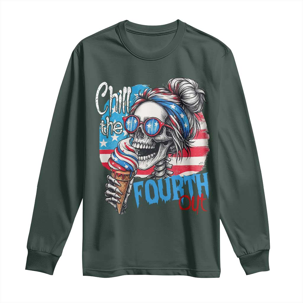 Funny Chill The Fourth Out 4th Of July Long Sleeve Shirt Patriotic Skeleton Popsicle US Flag TS11 Dark Forest Green Print Your Wear