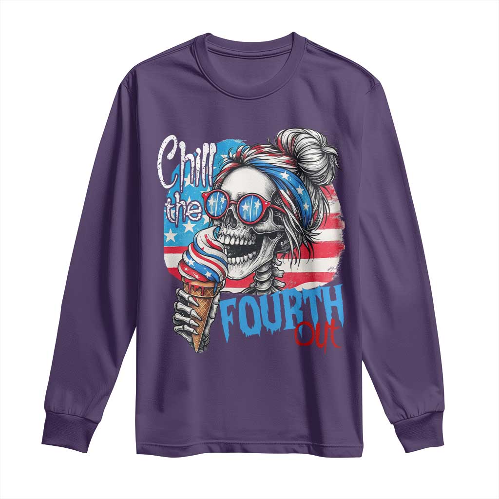 Funny Chill The Fourth Out 4th Of July Long Sleeve Shirt Patriotic Skeleton Popsicle US Flag TS11 Purple Print Your Wear