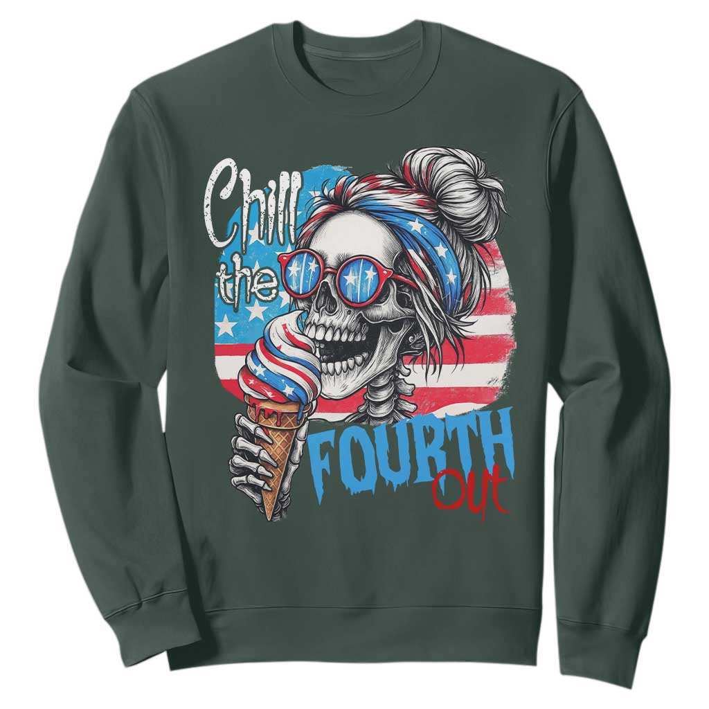 Funny Chill The Fourth Out 4th Of July Sweatshirt Patriotic Skeleton Popsicle US Flag TS11 Dark Forest Green Print Your Wear