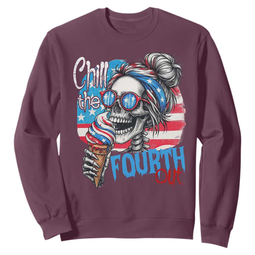 Funny Chill The Fourth Out 4th Of July Sweatshirt Patriotic Skeleton Popsicle US Flag TS11 Maroon Print Your Wear