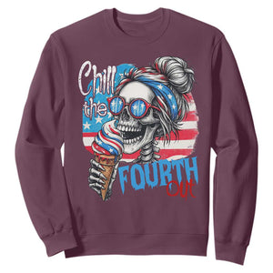 Funny Chill The Fourth Out 4th Of July Sweatshirt Patriotic Skeleton Popsicle US Flag TS11 Maroon Print Your Wear