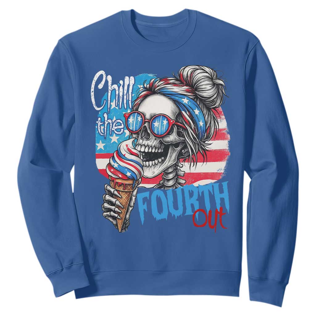 Funny Chill The Fourth Out 4th Of July Sweatshirt Patriotic Skeleton Popsicle US Flag TS11 Royal Blue Print Your Wear