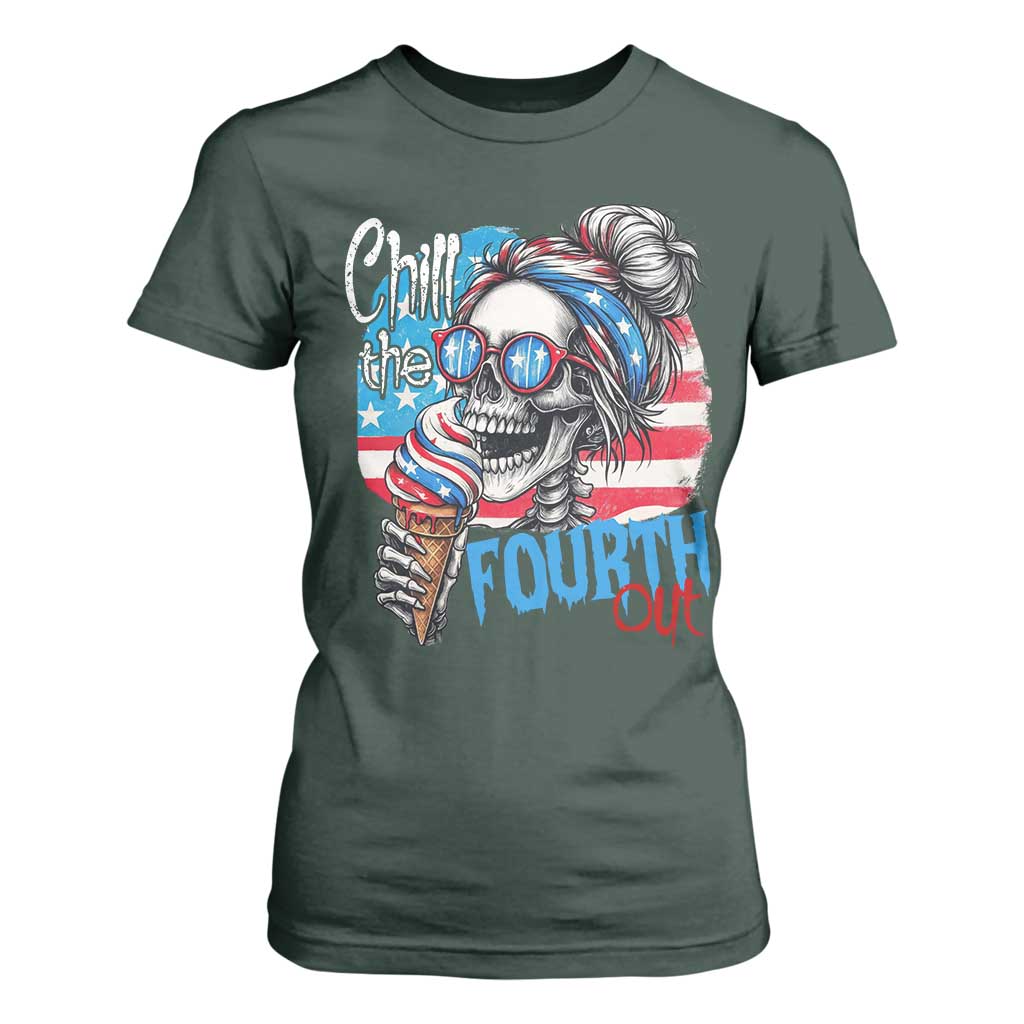 Funny Chill The Fourth Out 4th Of July T Shirt For Women Patriotic Skeleton Popsicle US Flag TS11 Dark Forest Green Print Your Wear