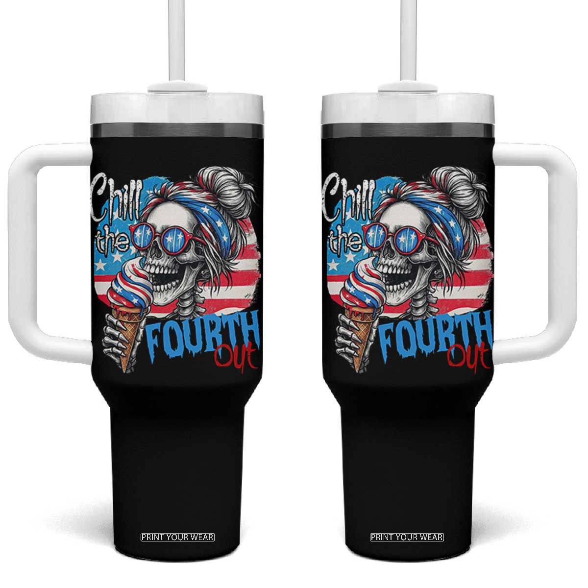 Funny Chill The Fourth Out 4th Of July Tumbler With Handle Patriotic Skeleton Popsicle US Flag TS11 One Size: 40 oz Black Print Your Wear