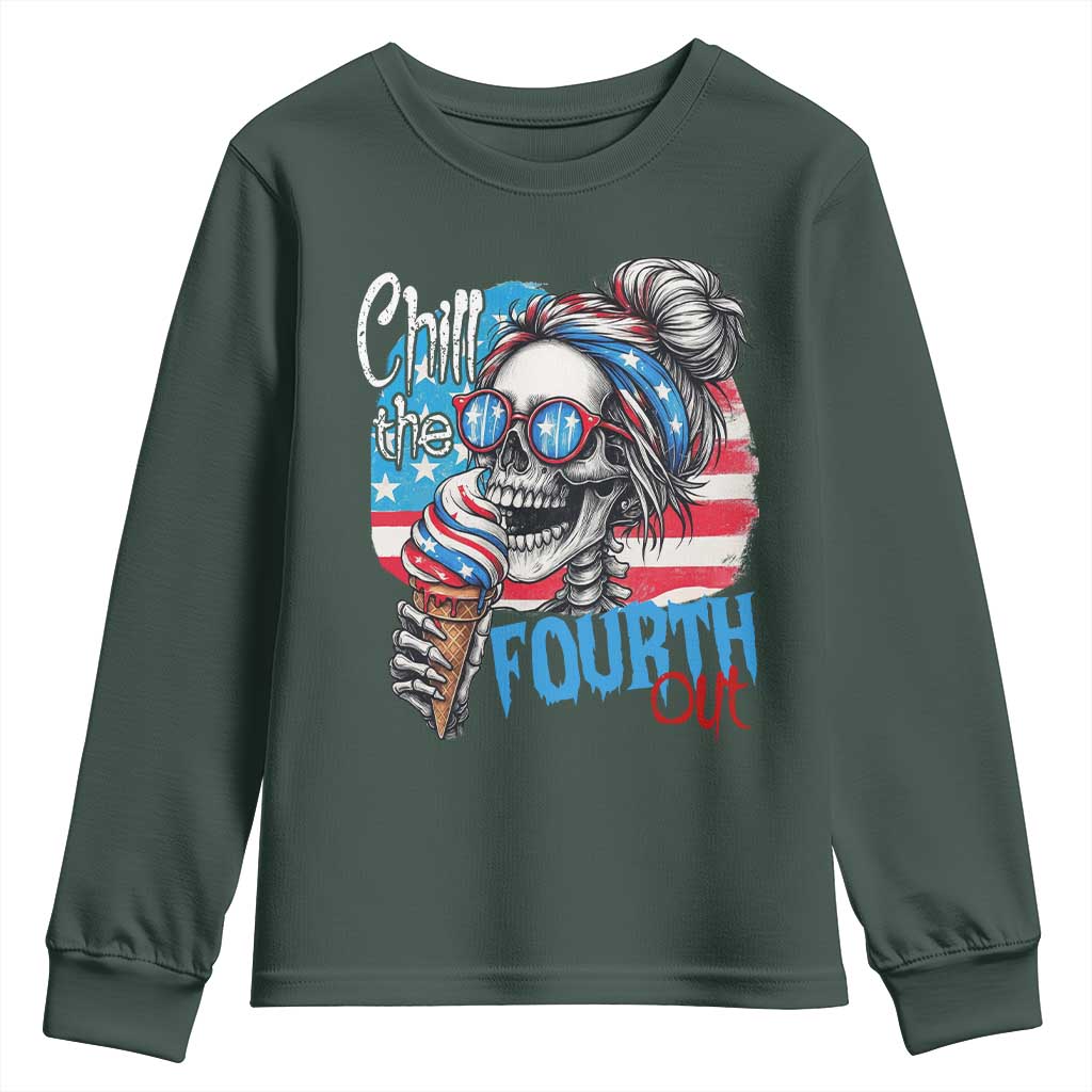 Funny Chill The Fourth Out 4th Of July Youth Sweatshirt Patriotic Skeleton Popsicle US Flag TS11 Dark Forest Green Print Your Wear