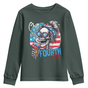 Funny Chill The Fourth Out 4th Of July Youth Sweatshirt Patriotic Skeleton Popsicle US Flag TS11 Dark Forest Green Print Your Wear
