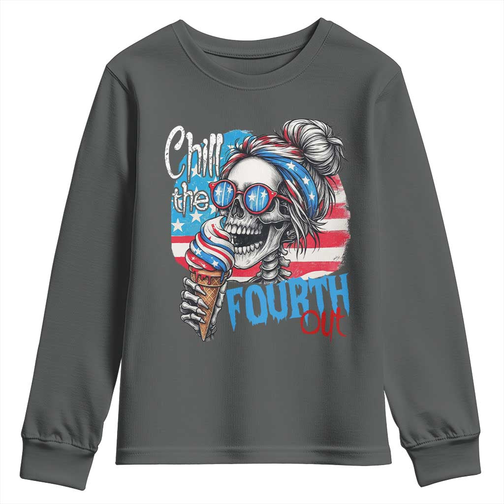 Funny Chill The Fourth Out 4th Of July Youth Sweatshirt Patriotic Skeleton Popsicle US Flag TS11 Dark Heather Print Your Wear