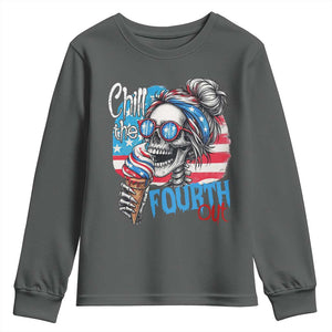 Funny Chill The Fourth Out 4th Of July Youth Sweatshirt Patriotic Skeleton Popsicle US Flag TS11 Dark Heather Print Your Wear
