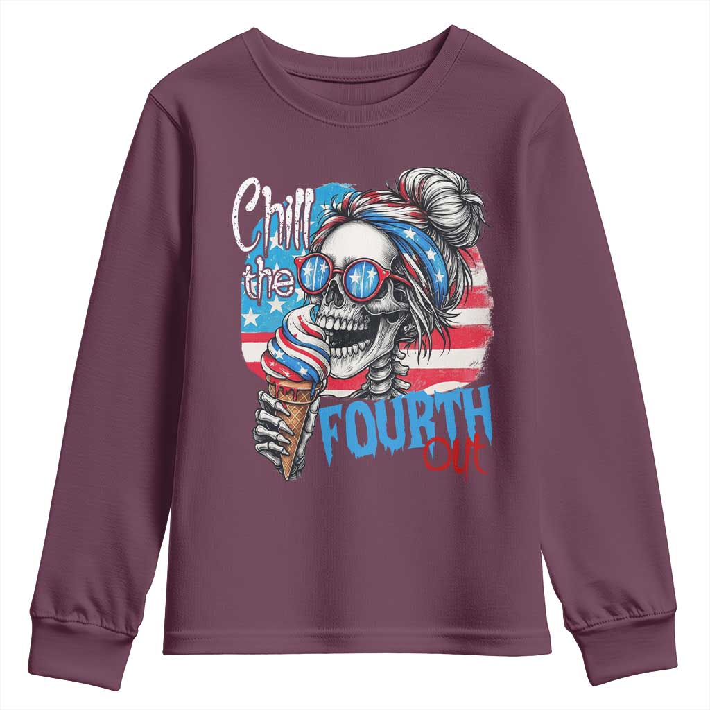 Funny Chill The Fourth Out 4th Of July Youth Sweatshirt Patriotic Skeleton Popsicle US Flag TS11 Maroon Print Your Wear