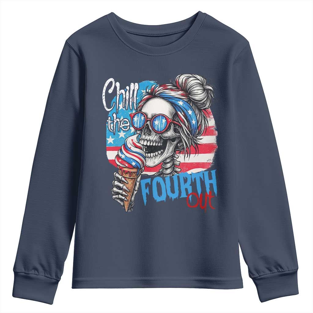 Funny Chill The Fourth Out 4th Of July Youth Sweatshirt Patriotic Skeleton Popsicle US Flag TS11 Navy Print Your Wear