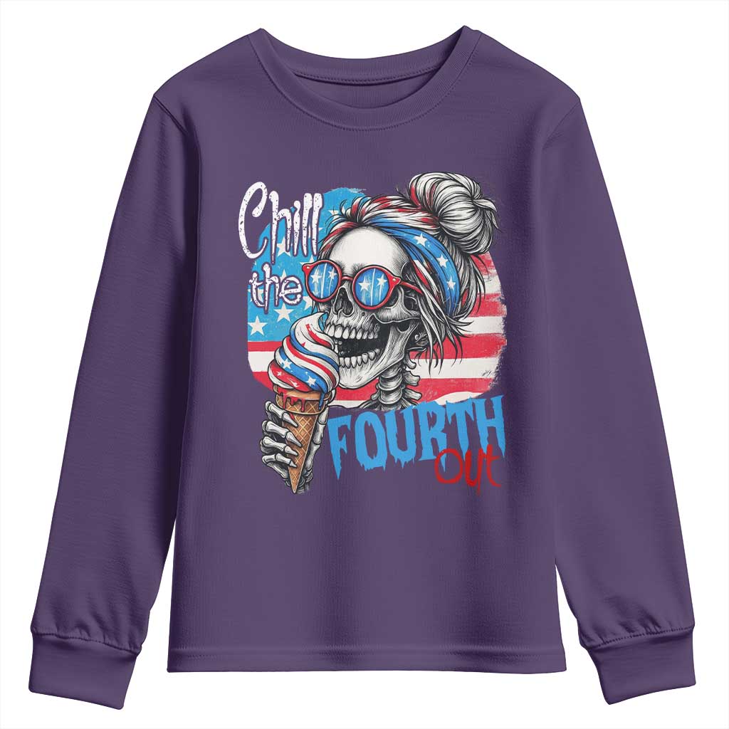 Funny Chill The Fourth Out 4th Of July Youth Sweatshirt Patriotic Skeleton Popsicle US Flag TS11 Purple Print Your Wear