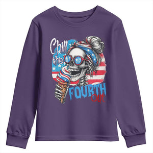 Funny Chill The Fourth Out 4th Of July Youth Sweatshirt Patriotic Skeleton Popsicle US Flag TS11 Purple Print Your Wear