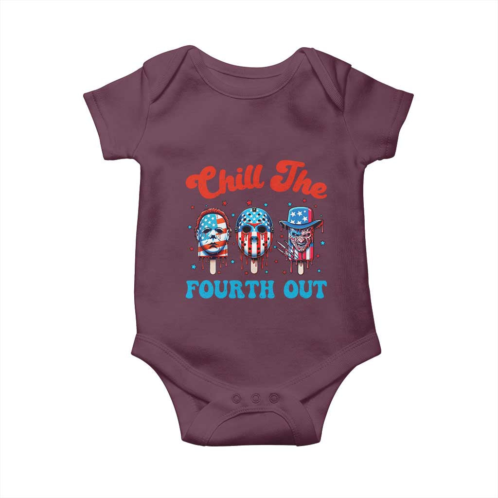 Funny Chill The Fourth Out Baby Onesie 4th of July Horror Movie Popsicle Mask USA Flag TS11 Maroon Print Your Wear