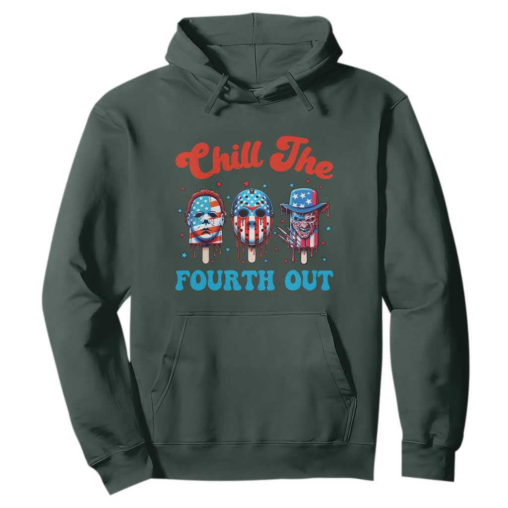 Funny Chill The Fourth Out Hoodie 4th of July Horror Movie Popsicle Mask USA Flag TS11 Dark Forest Green Print Your Wear