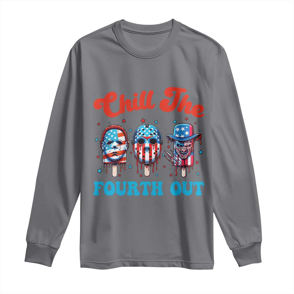 Funny Chill The Fourth Out Long Sleeve Shirt 4th of July Horror Movie Popsicle Mask USA Flag TS11 Charcoal Print Your Wear