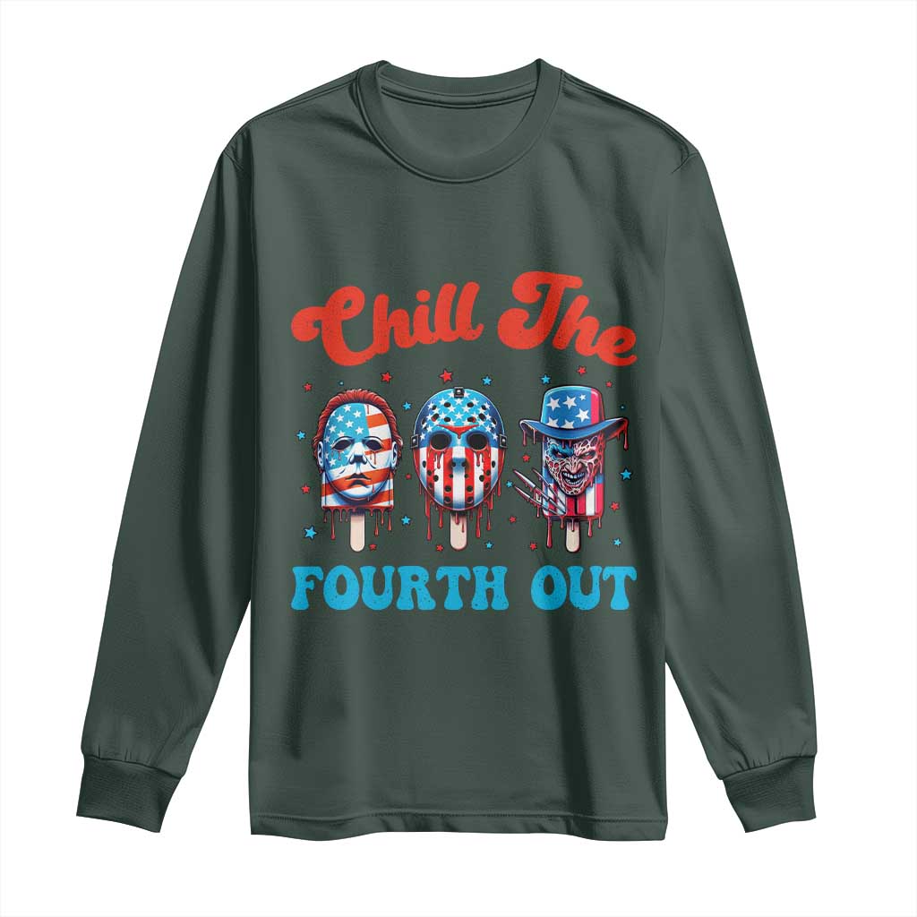 Funny Chill The Fourth Out Long Sleeve Shirt 4th of July Horror Movie Popsicle Mask USA Flag TS11 Dark Forest Green Print Your Wear