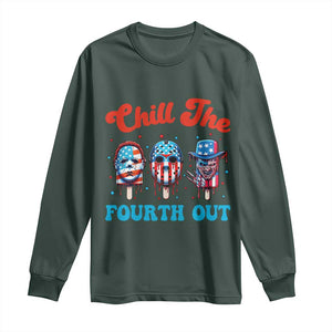 Funny Chill The Fourth Out Long Sleeve Shirt 4th of July Horror Movie Popsicle Mask USA Flag TS11 Dark Forest Green Print Your Wear