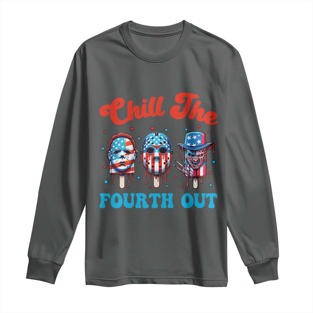 Funny Chill The Fourth Out Long Sleeve Shirt 4th of July Horror Movie Popsicle Mask USA Flag TS11 Dark Heather Print Your Wear