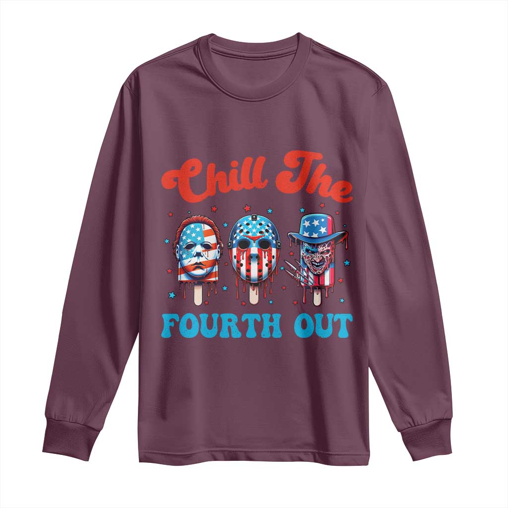 Funny Chill The Fourth Out Long Sleeve Shirt 4th of July Horror Movie Popsicle Mask USA Flag TS11 Maroon Print Your Wear