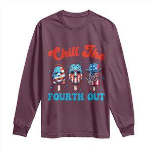 Funny Chill The Fourth Out Long Sleeve Shirt 4th of July Horror Movie Popsicle Mask USA Flag TS11 Maroon Print Your Wear