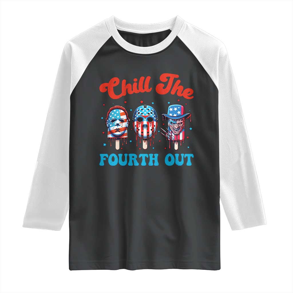 Funny Chill The Fourth Out Raglan Shirt 4th of July Horror Movie Popsicle Mask USA Flag TS11 Black White Print Your Wear