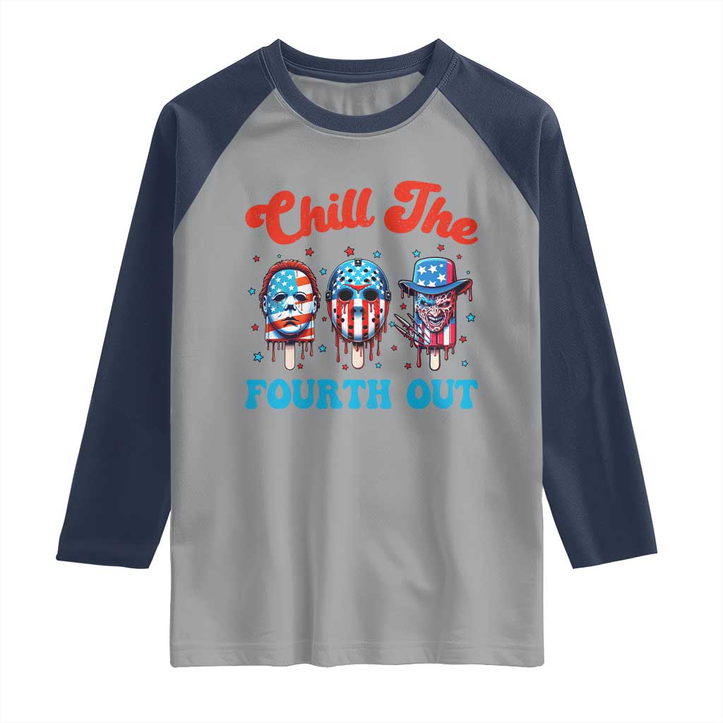 Funny Chill The Fourth Out Raglan Shirt 4th of July Horror Movie Popsicle Mask USA Flag TS11 Sport Gray Navy Print Your Wear