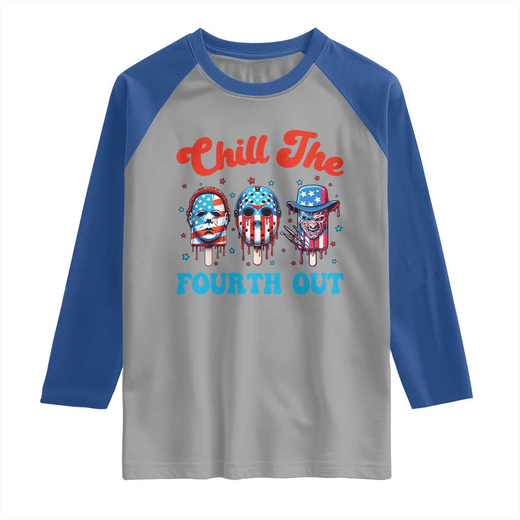 Funny Chill The Fourth Out Raglan Shirt 4th of July Horror Movie Popsicle Mask USA Flag TS11 Sport Gray Royal Print Your Wear
