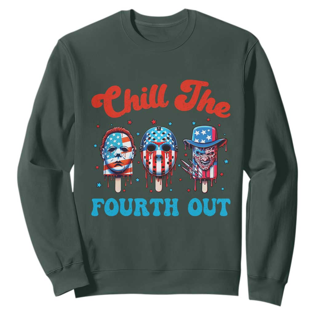 Funny Chill The Fourth Out Sweatshirt 4th of July Horror Movie Popsicle Mask USA Flag TS11 Dark Forest Green Print Your Wear