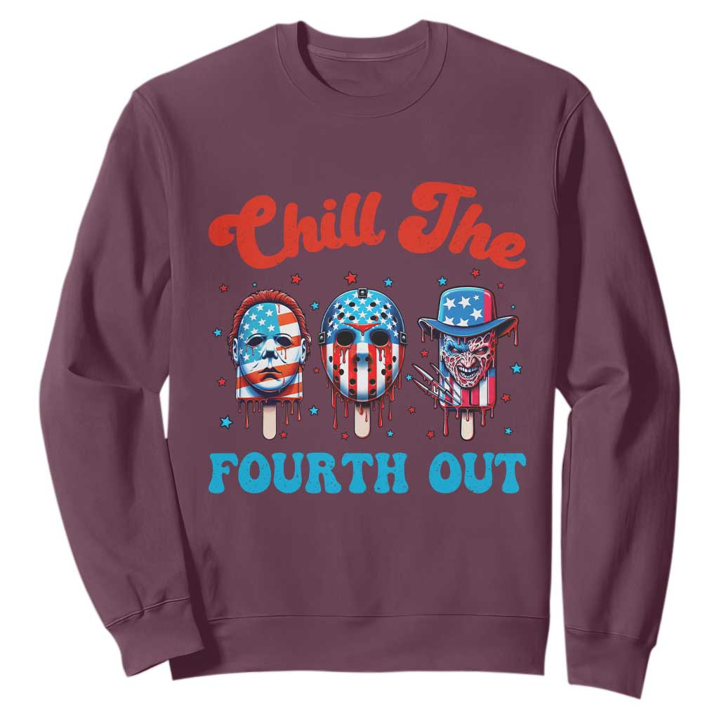 Funny Chill The Fourth Out Sweatshirt 4th of July Horror Movie Popsicle Mask USA Flag TS11 Maroon Print Your Wear