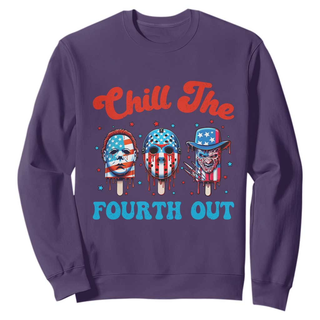 Funny Chill The Fourth Out Sweatshirt 4th of July Horror Movie Popsicle Mask USA Flag TS11 Purple Print Your Wear