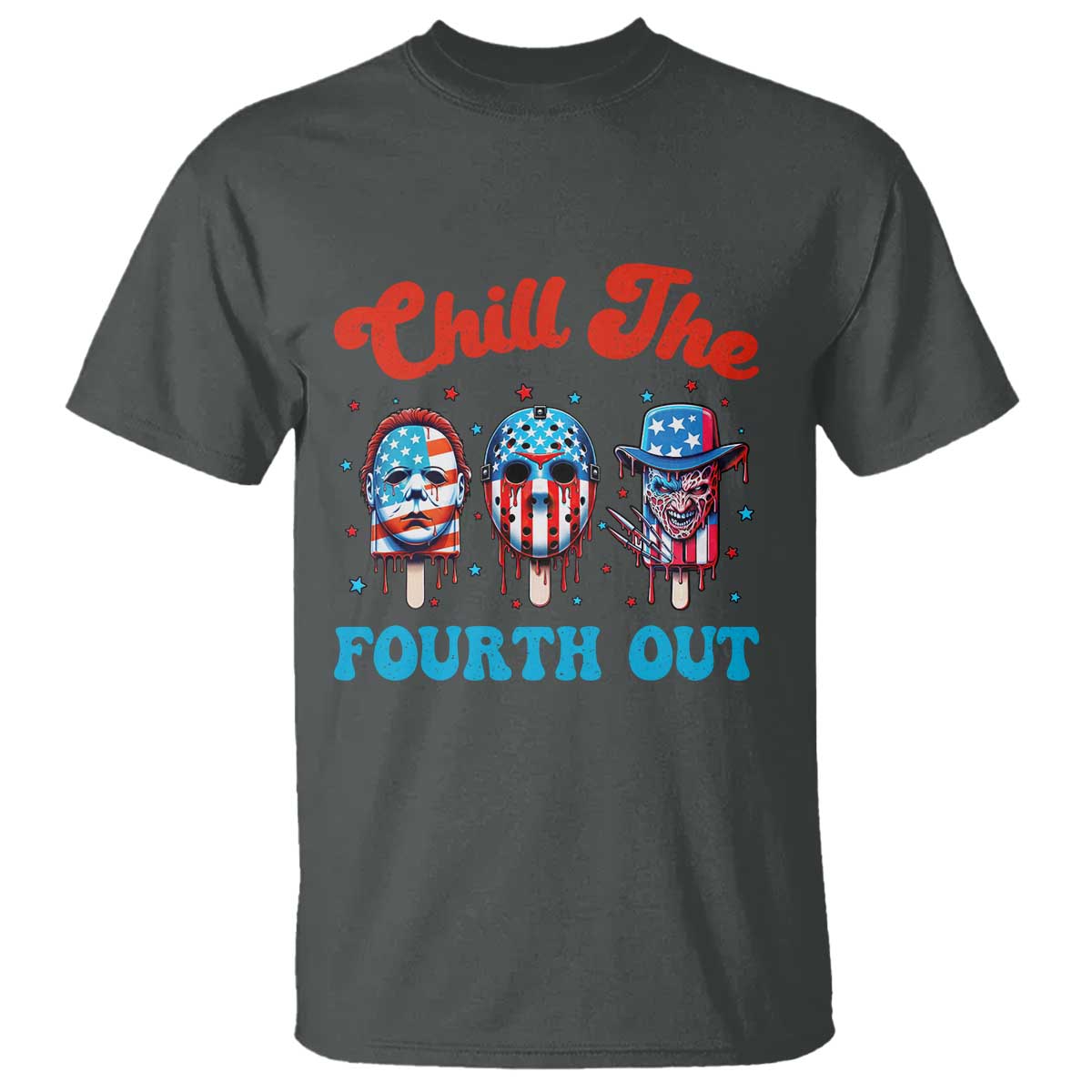 Funny Chill The Fourth Out T Shirt 4th of July Horror Movie Popsicle Mask USA Flag TS11 Dark Heather Print Your Wear