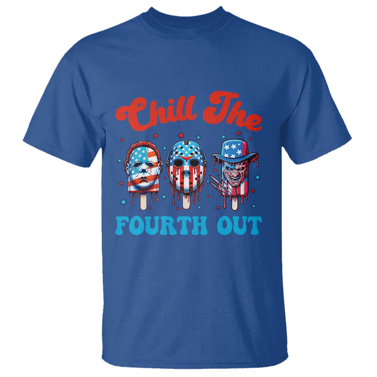 Funny Chill The Fourth Out T Shirt 4th of July Horror Movie Popsicle Mask USA Flag TS11 Royal Blue Print Your Wear