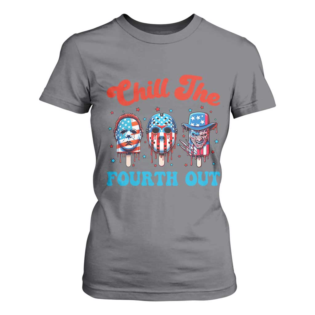 Funny Chill The Fourth Out T Shirt For Women 4th of July Horror Movie Popsicle Mask USA Flag TS11 Charcoal Print Your Wear