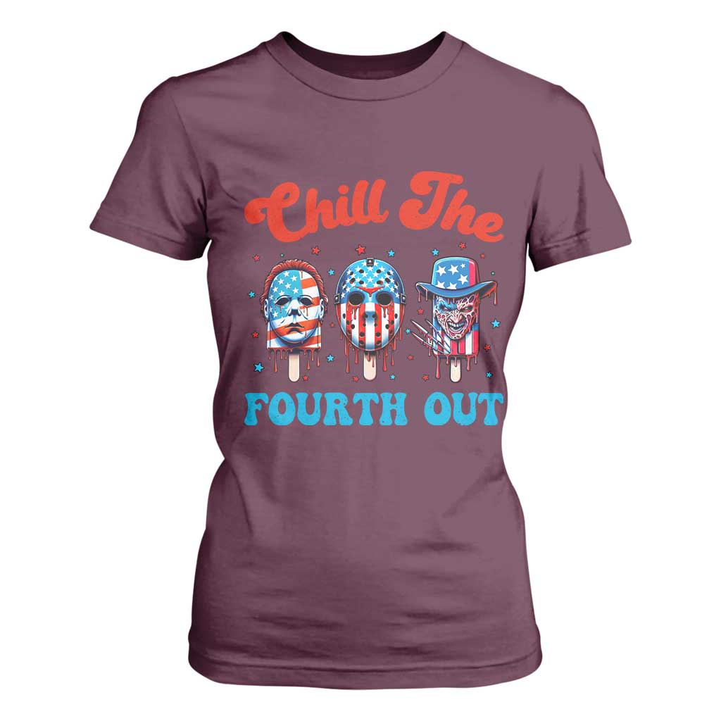 Funny Chill The Fourth Out T Shirt For Women 4th of July Horror Movie Popsicle Mask USA Flag TS11 Maroon Print Your Wear
