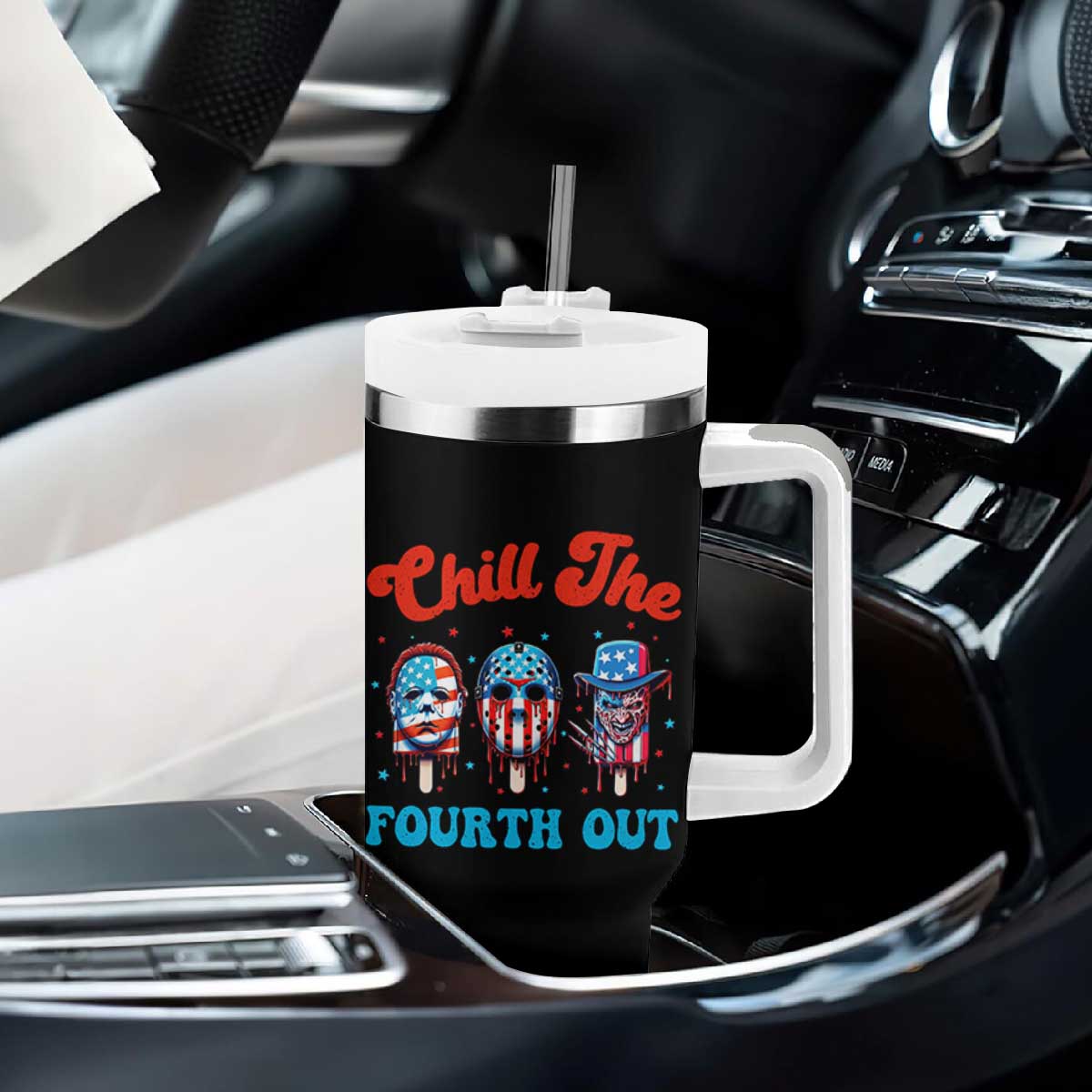 Funny Chill The Fourth Out Tumbler With Handle 4th of July Horror Movie Popsicle Mask USA Flag TS11 Print Your Wear