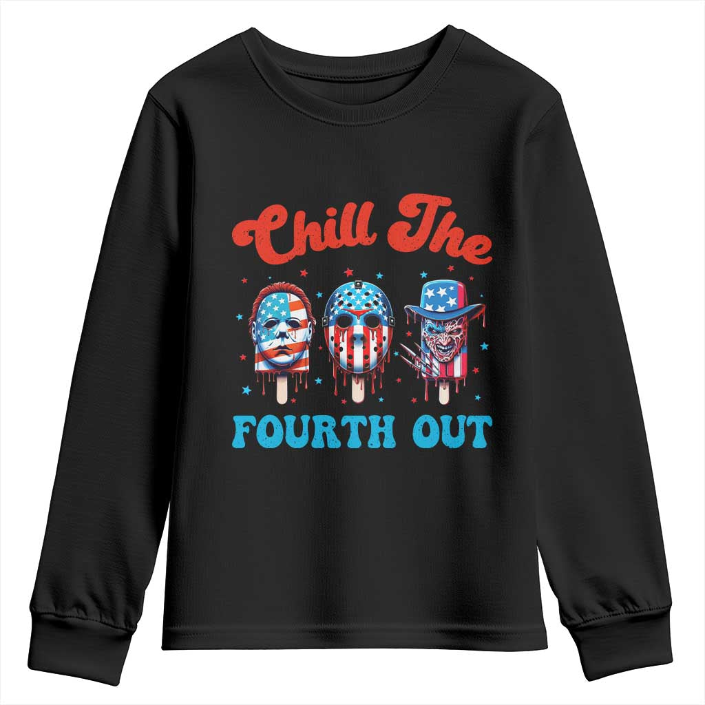 Funny Chill The Fourth Out Youth Sweatshirt 4th of July Horror Movie Popsicle Mask USA Flag TS11 Black Print Your Wear